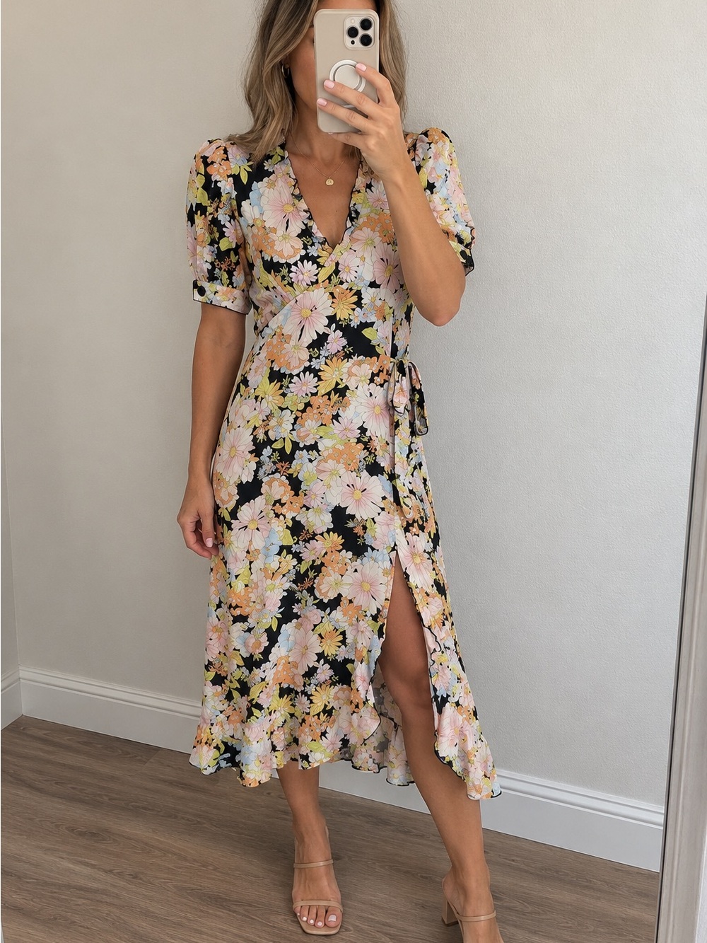 Topshop Black Floral Wrap Midi Dress with Pastel Blooms